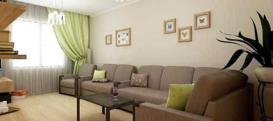 Μπεζ τοίχοι - γωνιακός καναπές σε καφέ χρώμα
