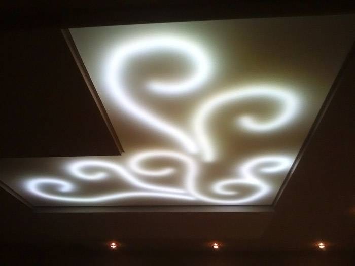 Снимка на извисяващ се опънат таван с оригинално осветление