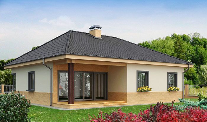 Практична едноетажна къща със скатен покрив и ъглов прозорец в кухнята - проект Z24 с обща площ 110,6 м2