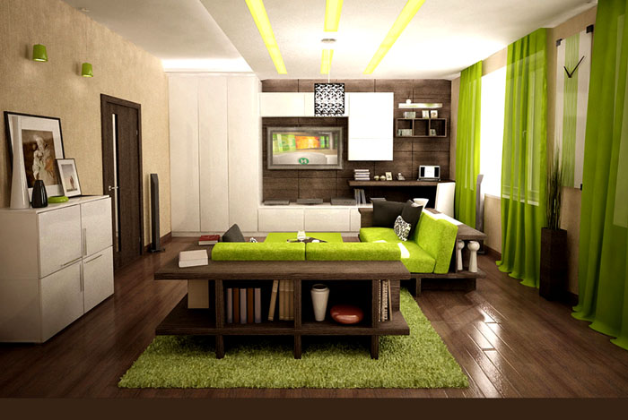 Кафето и светлозелените нюанси могат да направят хола едновременно по-светъл и спокоен.